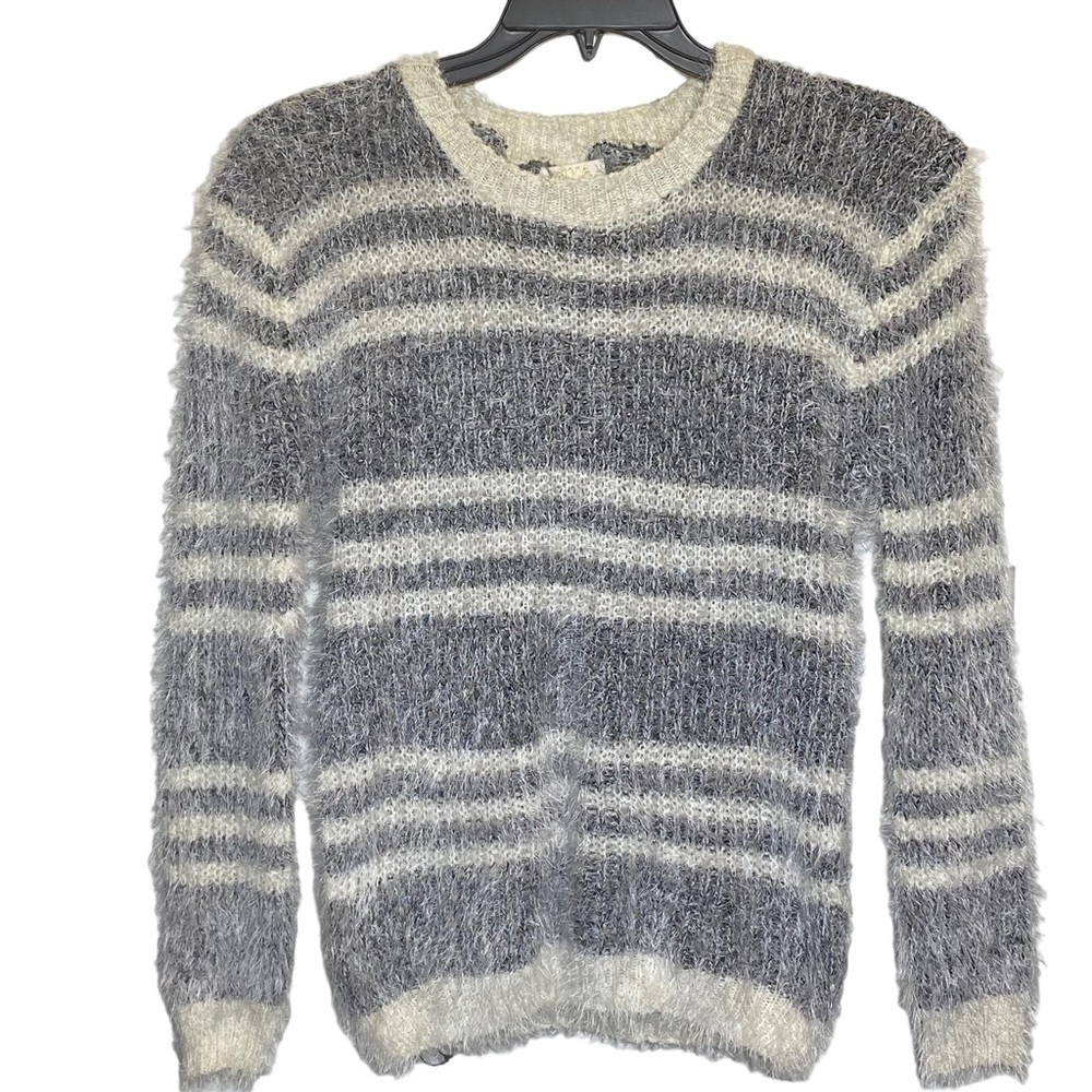 Zeva women's Small Gray and white stripe fuzzy soft pull-on sweater long sleeve